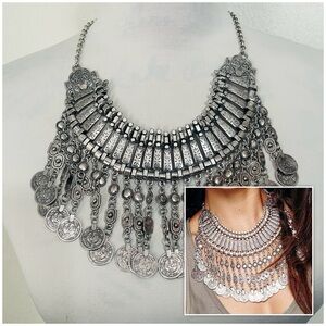 Cleopatra Silver Tone Bohemian or Ethnic Style Coin Bib Statement Necklace NWOT